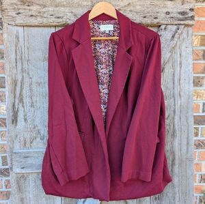Skies Are Blue Burgundy Open-Front Blazer with Floral Lining